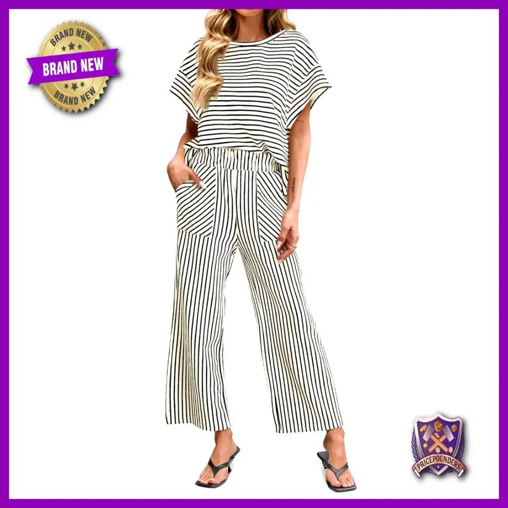 Striped Two Piece Lounge Set Short Sleeve Top Wide Leg Pants Oversized Chic